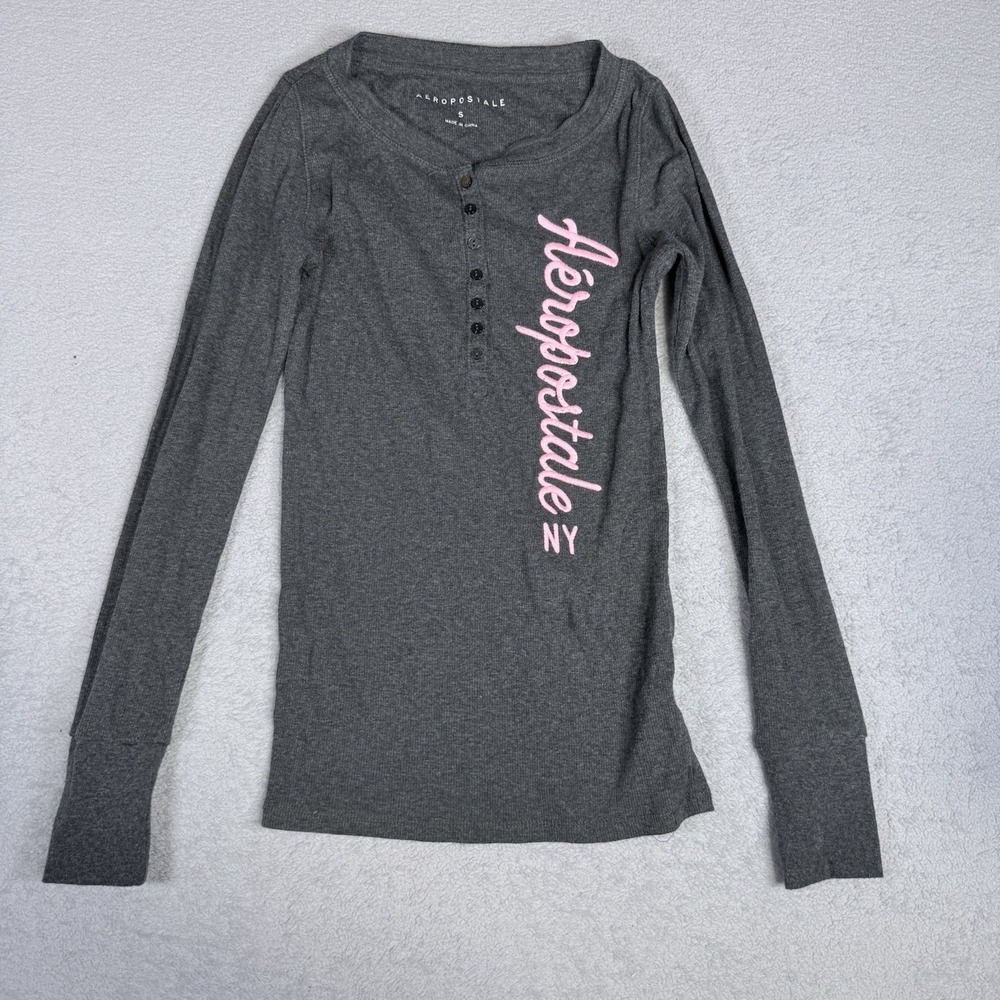 Aéropostale Women's Gray Long Sleeve Henley Button Cotton Knit Tee Size Small